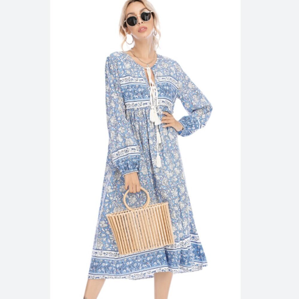 R. Vivimos Women's Dress Size XS 0/2 Boho Prairie Romantic Tassel Blue White